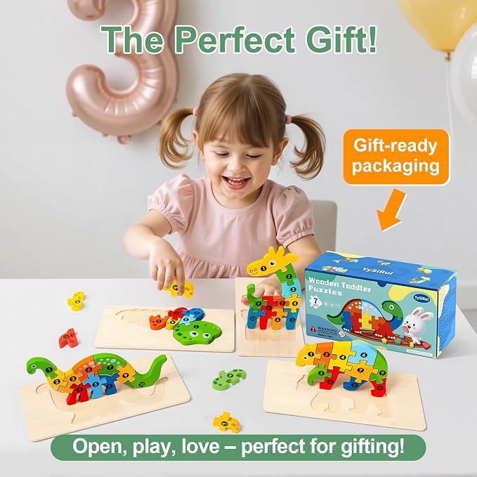 9 Pack Wooden Puzzles for Kids Ages 3-5, Montessori Animal Puzzles | 90 Pieces, CPC certified, with Numbers 1-10, Chunky Jigsaw Puzzles in Gift Box, Educational Learning Toys, Boys Girls Gift
