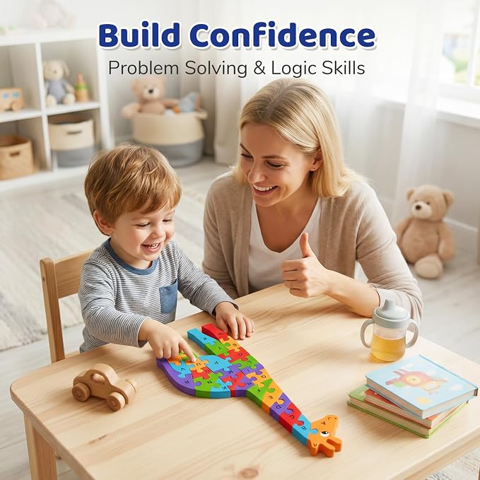 LovesTown Puzzle for Kids, Wooden, 3D Giraffe Shape | for Ages 3-5, Double-Sided, Alphabet Recognition, Number Counting, Homeschool Fun, Quiet Play, Montessori Educational Gifts