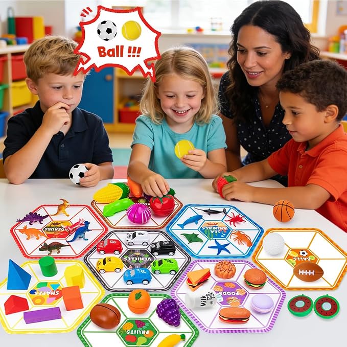 48-Piece Sorting-Toys-for-Toddlers, Learning Fine-Motor-Toys Sorting-Games | Sorting Matching Toys Match Card & Sort Game Set with Storage Bag, Animals Dinosaurs Fruits Foods Balls Playset for Ages 2–5