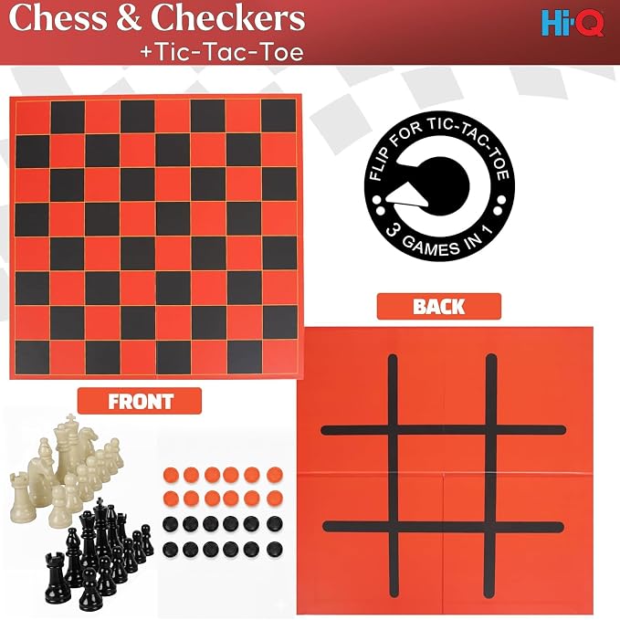3-in-1 Chess, Checkers & Tic-Tac-Toe Game Set – Double-Sided Folding Board – Staunton Style Pieces & Interlocking Checkers – Classic Strategy Family Board Game for Kids & Adults