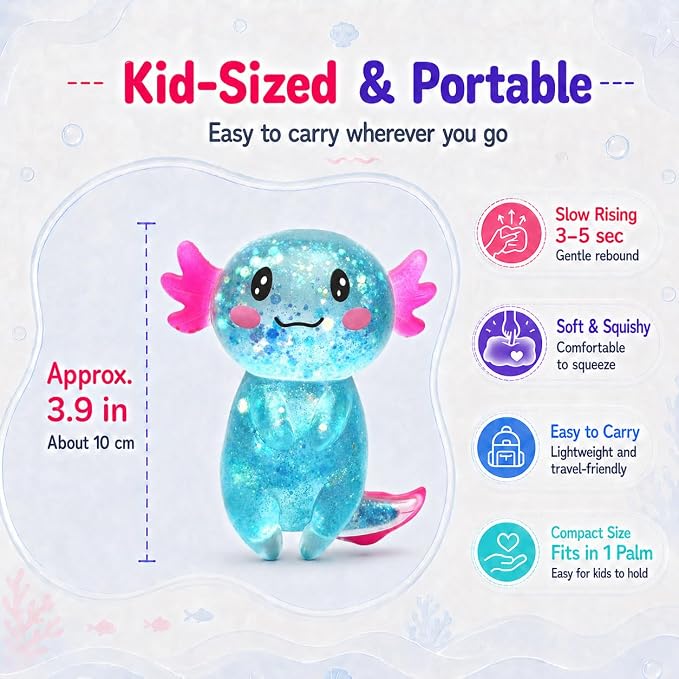 Axolotl Squishy Stress Ball, Soft TPR Slow Rising Squeeze Toy, Cute Axolotl Fidget Toy for Stress Relief, Anxiety Calming Sensory Toy for Kids Adults(Blue Long Tail Axolotl)