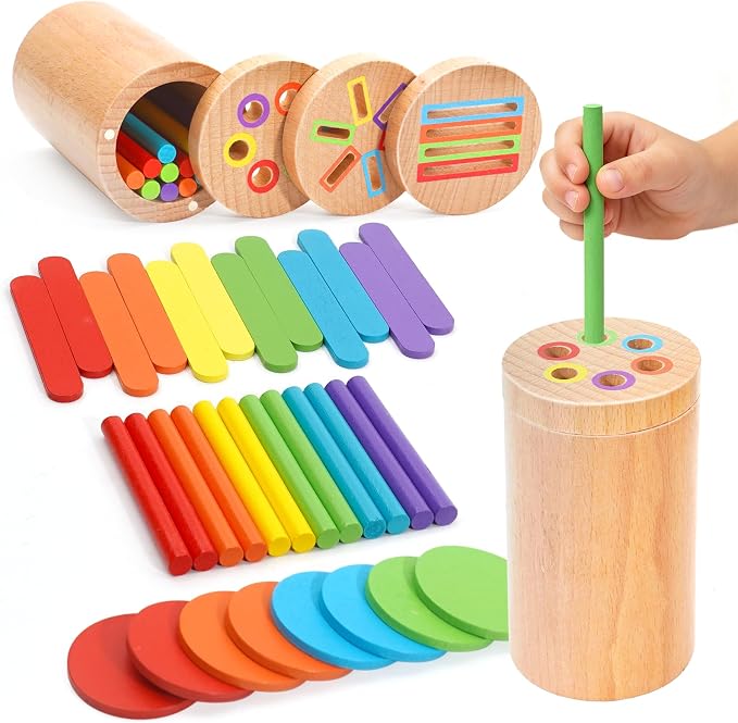 Montessori Toys for 1-3 Year Old, 3 in 1 Wooden Color Sorting Stacking Travel Toy for Toddlers 18+ Months with Magnetic Lid, Birthday Christmas Learning Gift for 2-4 Year Olds Boys Girls