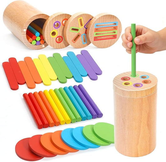 Montessori Toys for 1-3 Year Old, 3 in 1 Wooden Color Sorting Stacking Travel Toy for Toddlers 18+ Months with Magnetic Lid, Birthday Christmas Learning Gift for 2-4 Year Olds Boys Girls