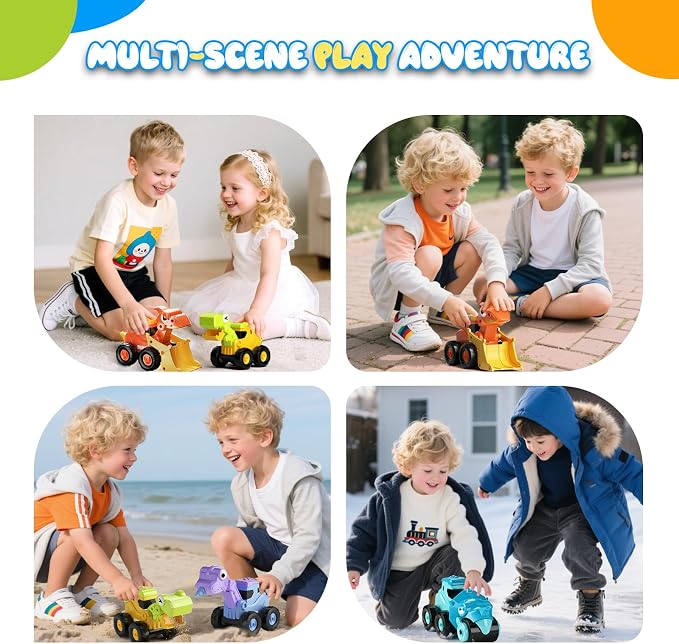 Dinosaur Construction Truck Toys for Toddler Boy Kid | Press and Go Dino Toy Truck,Sandbox Beach Toys,Chrstmas Birthday Gifts for 2 3 4 5 Year Old Boys Girls