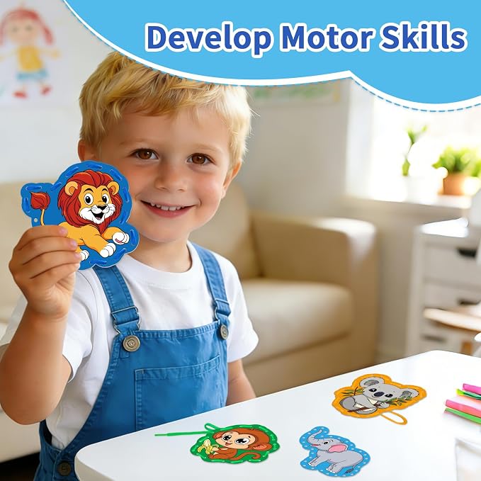 Animals Lacing Cards, Sewing Kit for Kids,Fine Motor Skills toys | 9PCS Double Side Toddler Crafts for Shoe Tying Practice,Manipulatives for Preschool Learning Activity,Classroom Must Haves