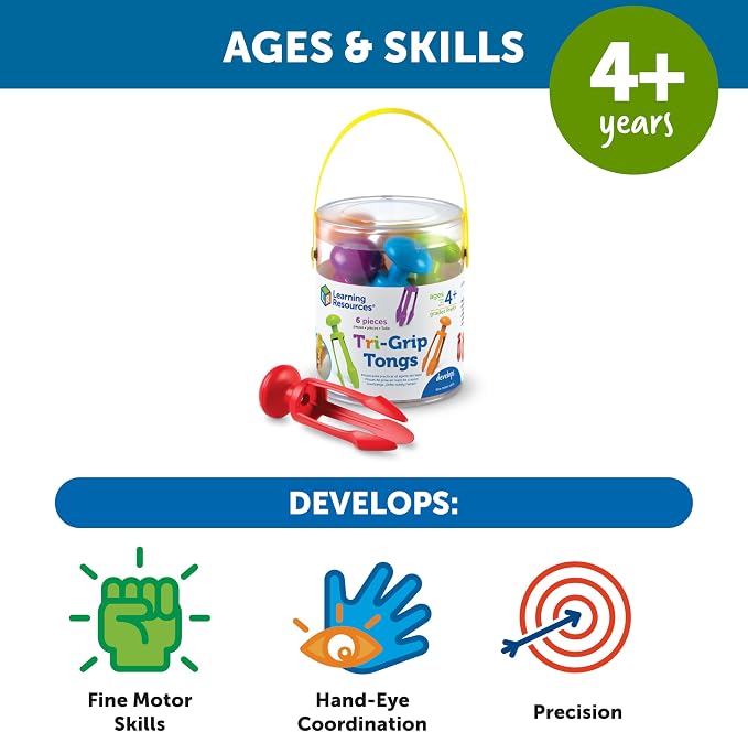 Learning Resources Tri-Grip Tongs | 3 Prong Tong, Pencil Grip Tongs, Sensory Bin, Fine Motor Toy, Set of 6, Ages 4+