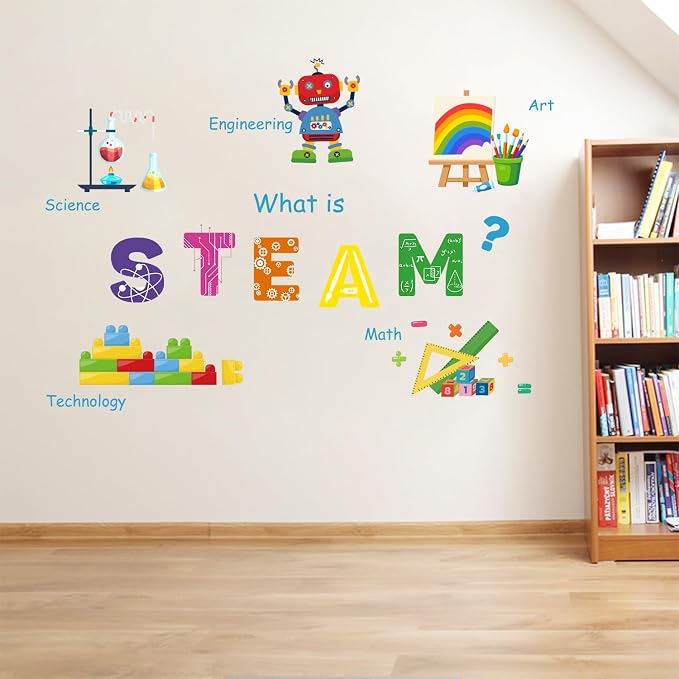 LHIUEM Large STEAM Wall Decal Colorful Steam Bulletin Board Wall Stickers | STEAM Science Educational Wall Decor Funny School Classroom Sticker for Wall Lab Learning Mural for Kids Classroom Laboratory
