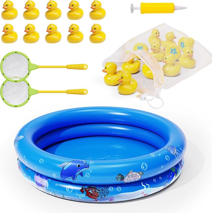 Duck Matching Game Toys for Kids - 20 Plastic Ducks with Numbers,34" x 7" Kiddie Pool | Storage Bag, 2 Nets - Fun Memory Games - Water Outdoor Game for Children,Preschoolers,Birthday Party Carnival