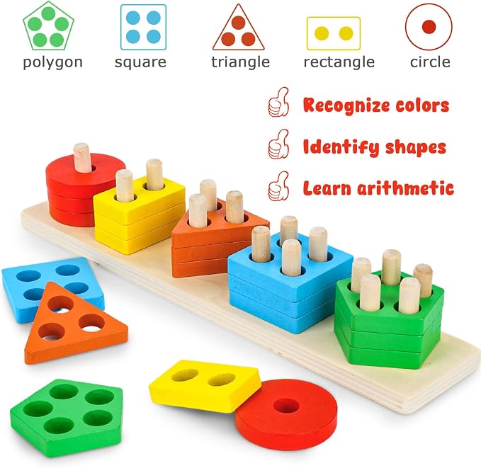 LovesTown Stacking and Sorting Learning Puzzles, Montessori Wooden Sensory Toys for Toddlers, 20 PCS (Pack of 2)