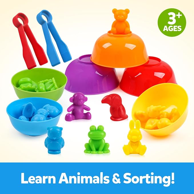 GKDOMS Counting Animals Toy Matching Game with Sorting Bowls Preschool Learning Activities Montessori Sensory Toys for Math Color Sorting, Party Favors Birthday Gifts for Kids