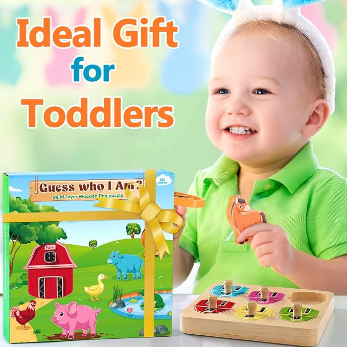 Wooden Puzzles for Toddlers 1-3 : Farm Animal Peg Puzzles, Preschool Learning Activities, Toddler Toys Age 1-2, Montessori Toys for 1 2 Year Old Boy Girl Christmas Birthday Gift | Montessori Baby Puzzles 12-18 Months - Preschool Learning Activities for...