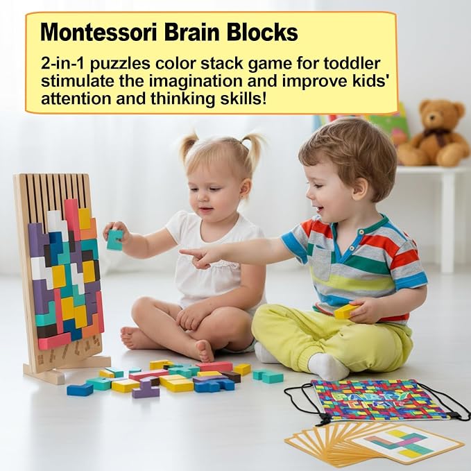 Montessori Brain Blocks Kids Wooden Stacking Toys 3D Tetris Puzzles | 42 PCS Colored 3D Russian Block Puzzle with Cards & Bag, Educational Montessori Toys Jigsaw Stack Game Board for 3-8 Year Old