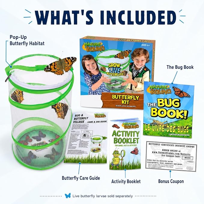 Nature Bound Butterfly Growing Kit - Live Caterpillar to Butterfly Project for Kids - Includes Voucher for Caterpillars, Green Pop-Up Enclosure, and STEM Learning Guide