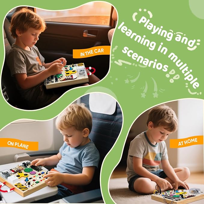 Montessori Wooden Busy Board Toys for 1 2 3 Boys Girls,Toddler Sensory Educational Fidget Board Travel Toy with LED Light Up Switches & Music Boxes, Locks for Kids Gifts