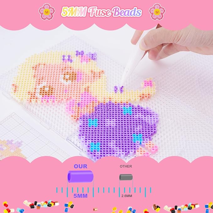 Meland Fuse Beads Kit, 5MM 4800 Princess Rainbow Beads for Girls Ages 5-12 | Includes 3 pegboards and craft accessories for colorful patterns, keychains and screen-free creative projects