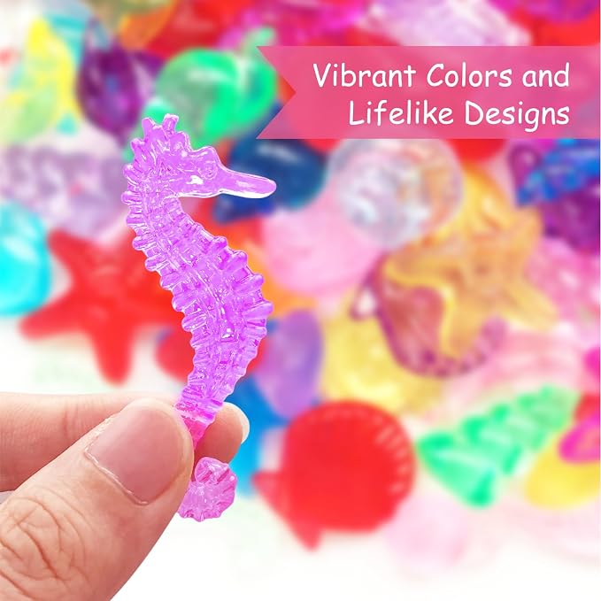100+ Pcs Mini Sea Shell Ocean Sensory Bin Filler Diving Gem Toys for Kids | Little Acrylic Plastic Seashells Animals Figurines Decorating Crafts, Mermaid Pool Party Favors, 15 Colors 12 Styles