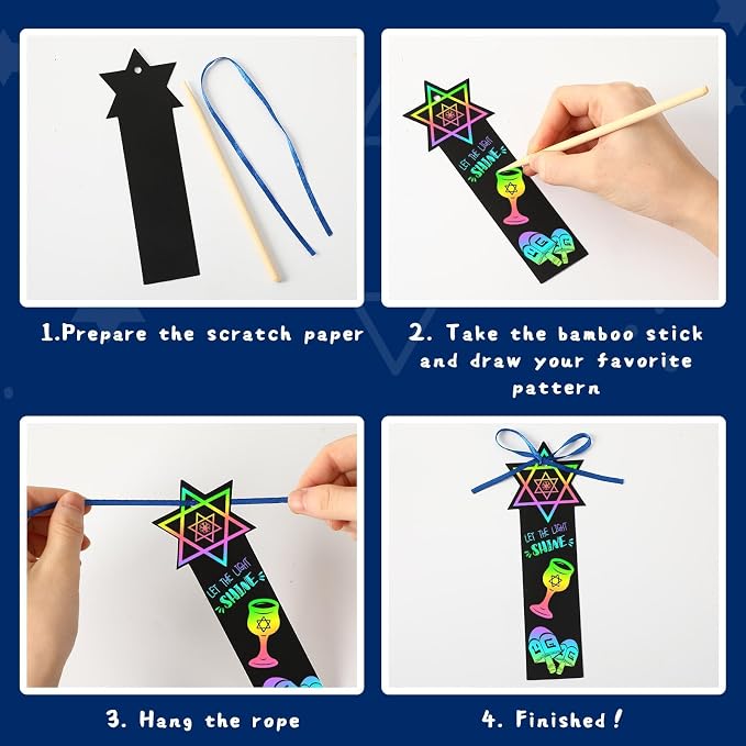 JUNEBRUSHS Scratch Bookmarks, Rainbow Magic Scratch Paper Art DIY Crafts Kit for Classroom Activity Gifts (Hanukkah Style)