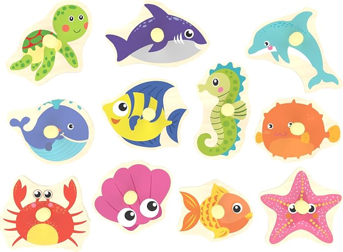 Wooden Peg Puzzle, Sea Creature Chunky Baby Puzzles, Colorful Wood Shape Puzzle Peg Board, Animal Knob Puzzles for Educational Toddlers 18 Months and Up, 11 Pieces