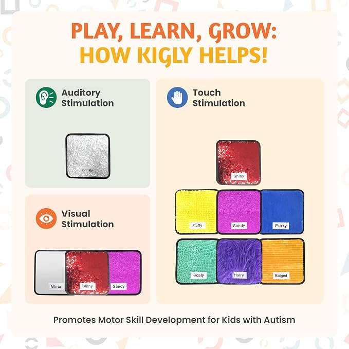 KIGLY® Labeled Sensory Mats for Kids - 9 Pack | Sensory Toys for Classroom with Activity Guide & Canvas Bag - 9x9 inches | Colorful Textured Mats for Autistic Children & Toddlers Learning