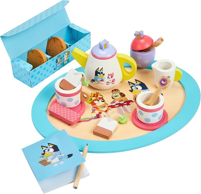 Bluey Wooden Tea Party Set, 18-Piece Toy Tea Set for Toddlers | Includes tray, teapot, cups & more for pretend play; durable wooden Bluey toy for kids ages 3+