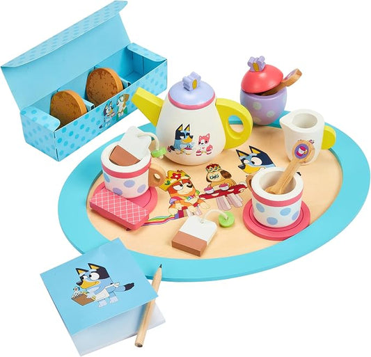 Bluey Wooden Tea Party Set, 18-Piece Toy Tea Set for Toddlers | Includes tray, teapot, cups & more for pretend play; durable wooden Bluey toy for kids ages 3+