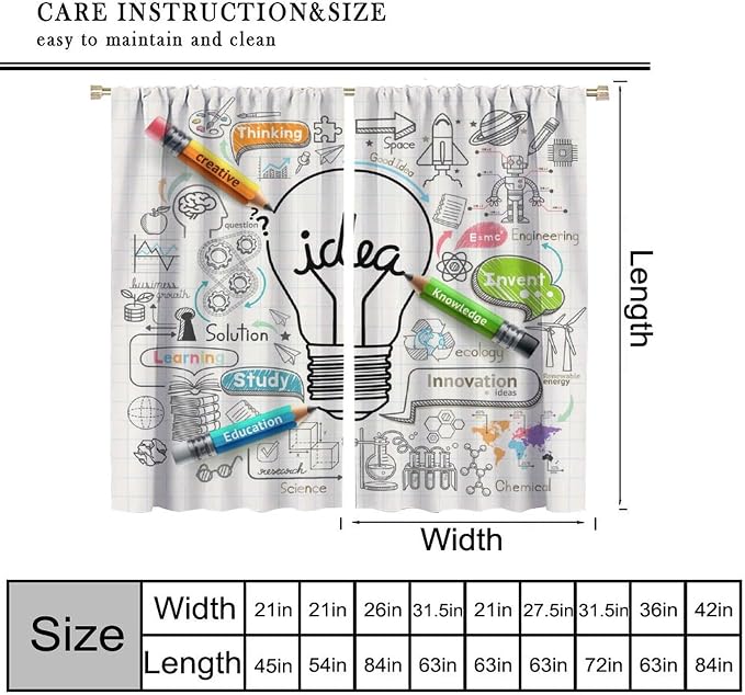 Science Symbols Kids Curtain Sketches Cartoon Chemistry Physics Geometry Education Pattern Print Window Drapes for Bedroom Living Room Kitchen Decor,2 Panel Set,42x63 Inch Blackout