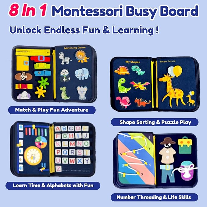Toddler Busy Board Montessori Toys – Sensory Busy Book, Educational Learning Travel Toy for Airplane & Car, Keeps Toddlers Entertained, Birthday Gifts for Toddler Boys Girls (Blue/P8)