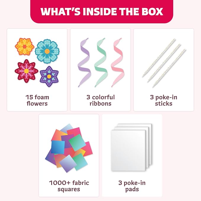 Poke-In Craft Flower Crowns, Poke Art for Kids Ages 4-8, Punch Tufting Kit | 15 foam flowers, 1000+ 3d fabric squares, non-messy beginner kit for girls, preschool learning activity, spring easter gift