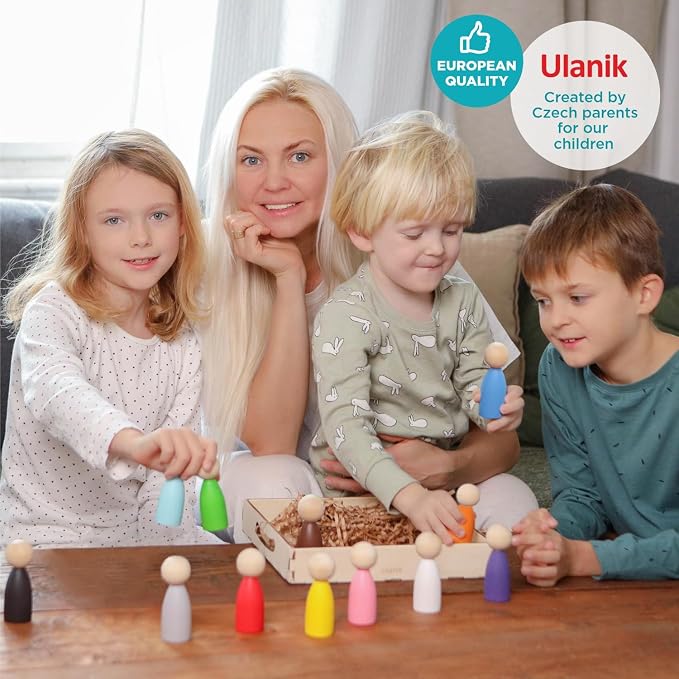 Ulanik Large Peg Dolls for Sorting Toddlers Montessori Toys for 1+ Year Old Baby Dolls Wooden Games for Learning Color Sorting & Counting — 12 Gnomes