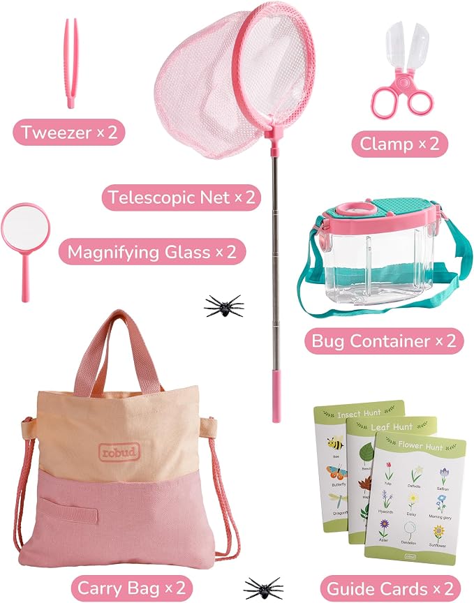 ROBUD Pink Dual Bug Catcher for Kids, Bug Catching Kit with Bag Kit, Pink Outdoor Exploration Set for Camping, Montessroi Toy for Kids Coming Closer to Nature, WRP60