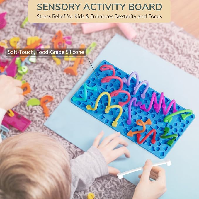 Sensory Activity Board for Kids Boys Girls, Fidget Toys for Stress Anxiety Autistic ADHD, Fidgets for Classroom Travel Airplane Toys for 3+ Year Old, Portable Travel Storage Box & 14 Strings