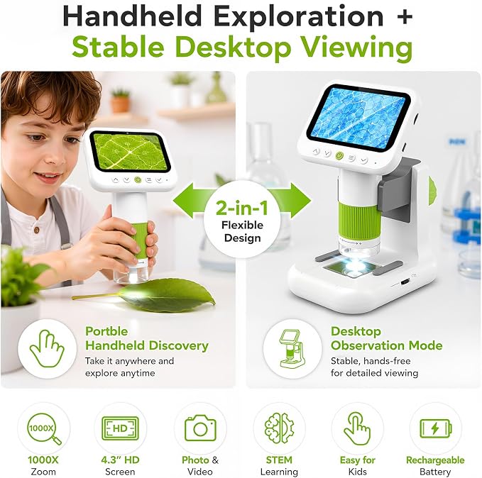 Kids Microscope with 1080P 4.3" Screen, 2-in-1 Desktop/Handheld Microscope | 1000X Microscope for Kids with 6 Slides, Photo/Video Capture, 8 LED Lights, 8GB Card, Birthday Christmas Gift for Kids 3-12