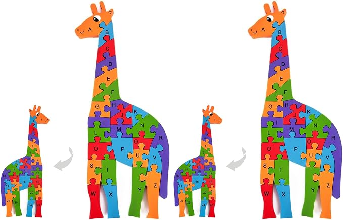 LovesTown Wooden Puzzles for Kids, Double Sided Giraffe Jigsaw with Alphabet & Numbers, Montessori Educational Toy for Toddlers, Chunky Animal Gift (Pack of 2)