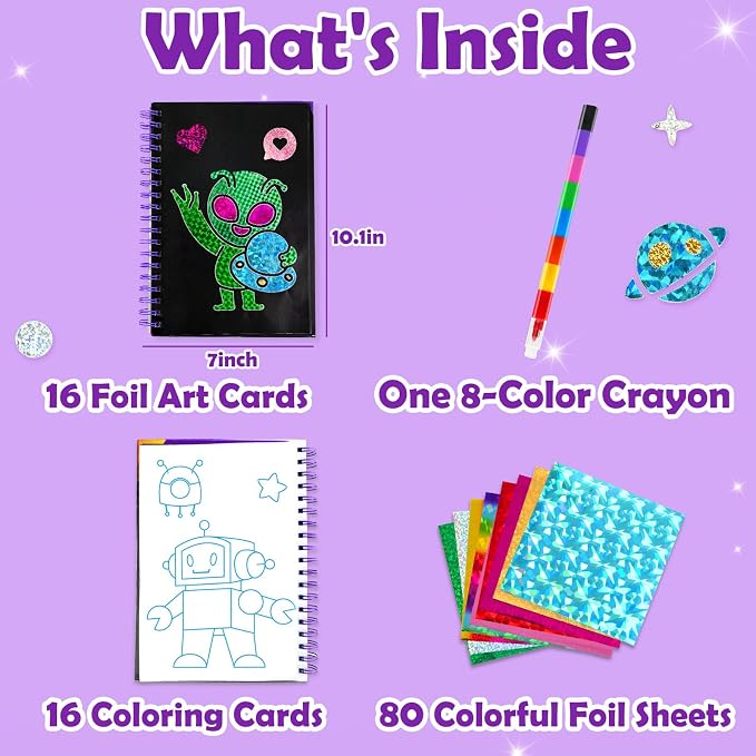 FUNNYB&G Foil Art Craft Kit for Kids, Sparkly Birthday Gift Toy for Boys | No Mess, Kids Ages 4-10 Create Sparkling Artwork, A Creative Gift for Birthdays, Holidays, Travel Activities,Screen-Free Fun