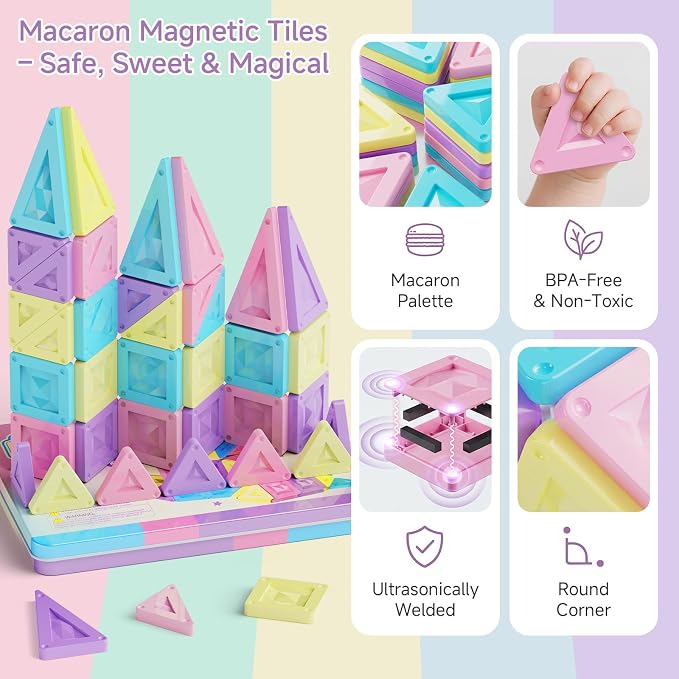 Mini Magnetic Tiles Girls Travel: 40PCS Macaron Blocks with Tin Box | 90 Mins Quiet Play, 45s Cleanup, Strong Magnets Holds 7+ Tiles - Airplane, Car & Road Trip Toys for Kids Age 3-6