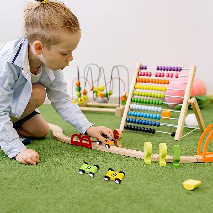 Zhanmai 4 Pieces Wooden Mini Car Ramp Race Track Toys for Aged 1 2 3, Race Party Present Wooden Car Ramp Mini Racer Play Set Replacement