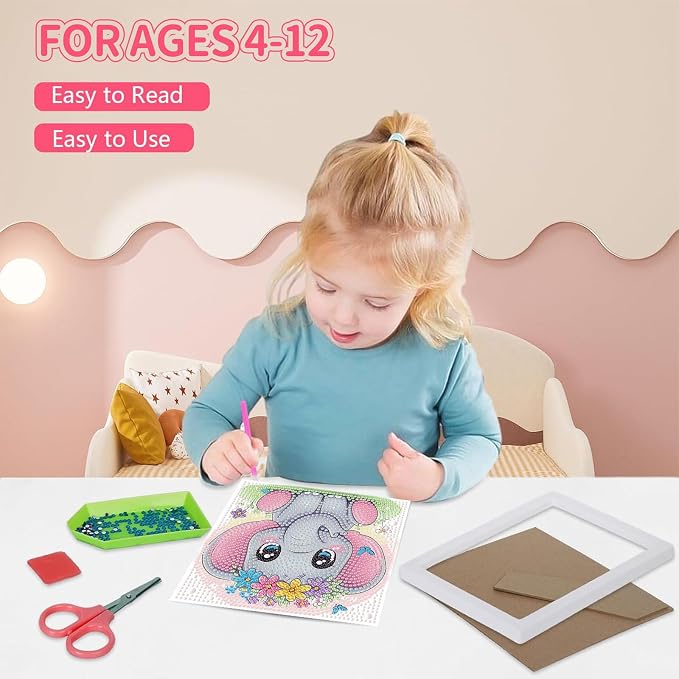 Gemozaic Elephant Diamond Art Kits for Kids Ages 4-8-12 with Frame, 7 x 7 | Cute Animal Diamond Art for Kids 4 6 8 10 12 Year Old, Easy Kid Big Gem Painting, DIY Arts and Crafts for Girl Birthday Gift