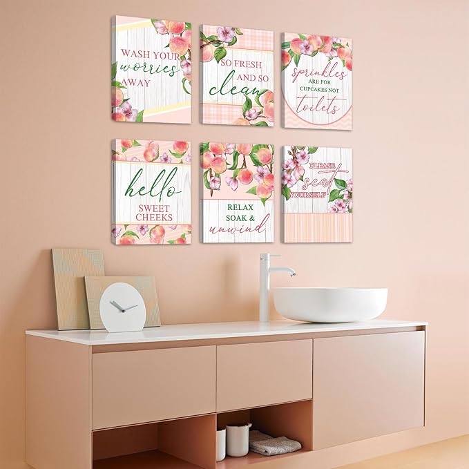 HOURIA 6pcs Framed Watercolor Peaches Bathroom Canvas Wall Art,8 * 10”Lovely Pink Peach Blossom Pictures Wall Decor,Sweet Cheeks Please Seat Yourself Funny Posters for Bathroom