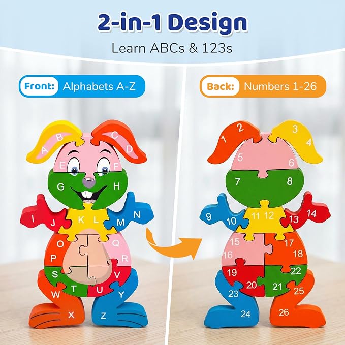 LovesTown Puzzle for Kids, Wooden, 3D Rabbit Shape | for Ages 3-5, Double-Sided, Alphabet Recognition, Number Counting, Fine Motor Skills, Montessori Learning Gifts