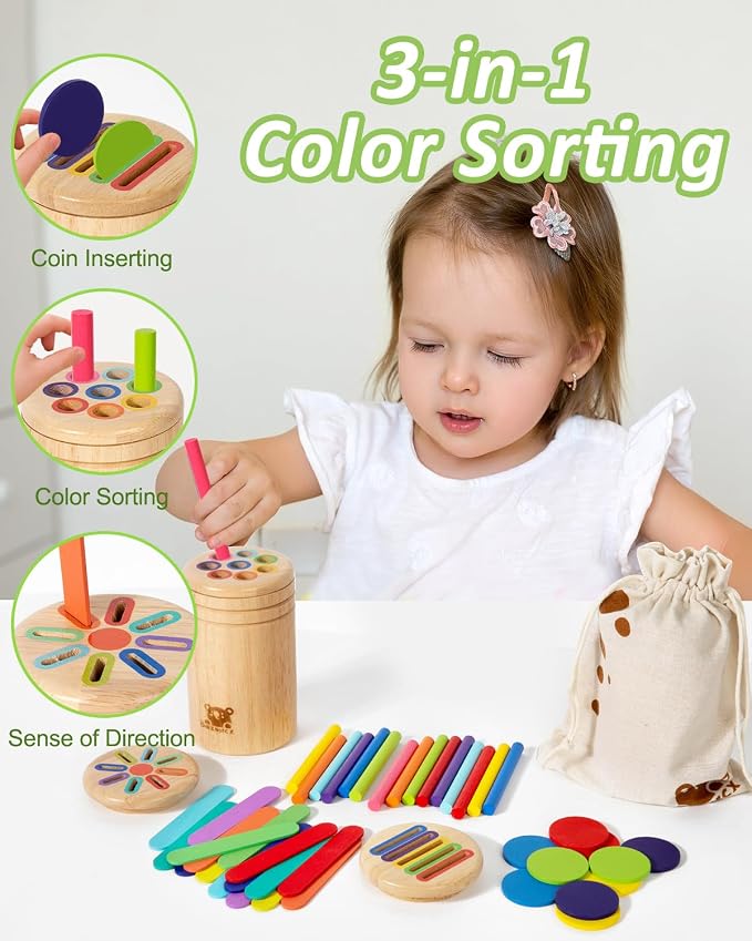 Wooden Sorting Toy for Toddlers 1-3 - Fine Motor Skills Toys,3 in 1Baby Coin Bank & Color Matching Game - Sensory Educational Toy for Boys Girls Travel Activities