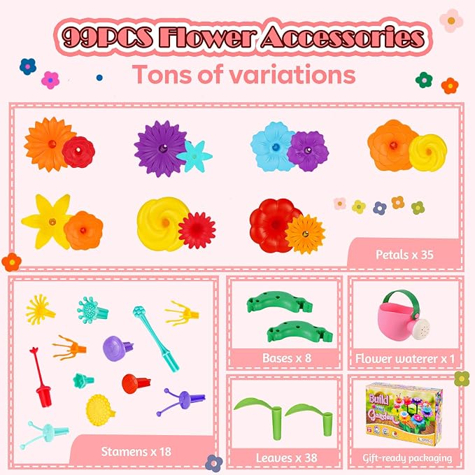 99pcs Flower Garden Building Toys Set - STEM Montessori Toys for Girls | Birthday Gift for 3 4 5 6 7 Years Old Girl, Sorting & Stacking Building Block Playset Springl, Gardening Toy for Kids