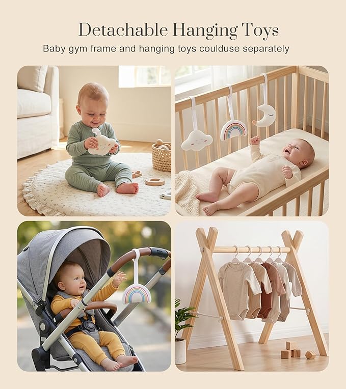 Mallify Wooden Baby Gym with 6 Gym Toys, Foldable Baby Play Gym, Natural Pine Wood Play Gym, Frame Activity Center Hanging Bar, Wooden Play Gym