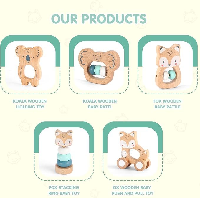 FReniland Wooden Montessori Toys, 5-Piece Wooden Baby Toy, Koala Baby Rattle, Fox Stacking Ring, Little Fox Push and Pull Toys,Koala Holding Toy,Newborn Baby Gift Sets for Boys and Girls