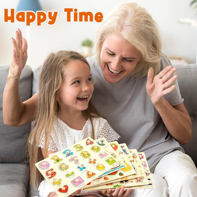 Wooden Peg Puzzles for Toddlers, 6 Pack Toddler Puzzles Set for 3 4 5 Years Old, Preschool Education Learning Puzzle Toys for Girls and Boys (Alphabet Number Animal Vehicle Fruit Occupation)