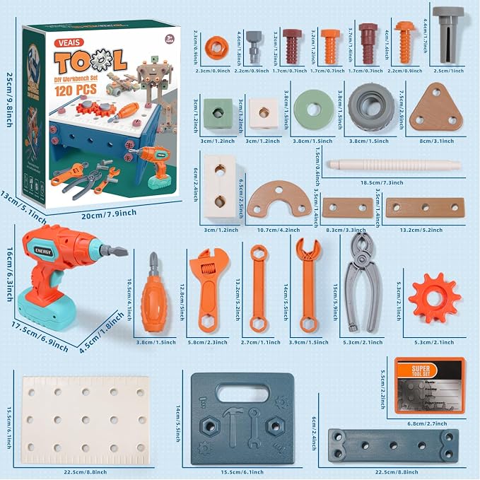 VEAIS Kids Tool Set with Drill,120Pcs Tool Set with ToolBench,Montessori Toy for 3+Year Old,Educational STEM Construction Toys for Ages 3-6,Pretend Play Kids Toys 3-5 Year Old Birthday Gift