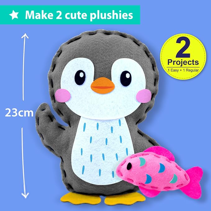 KRAFUN Beginner Sewing Kit, Sew Penguin & Fish, Pre-Cut Felt, Kids Ages 5+ | Beginner Sewing Kit: Sew 2 Plushies, Penguin & Fish. Pre-Cut, Pre-Punched Felt, No Scissors. Safe Plastic Needle for Kids