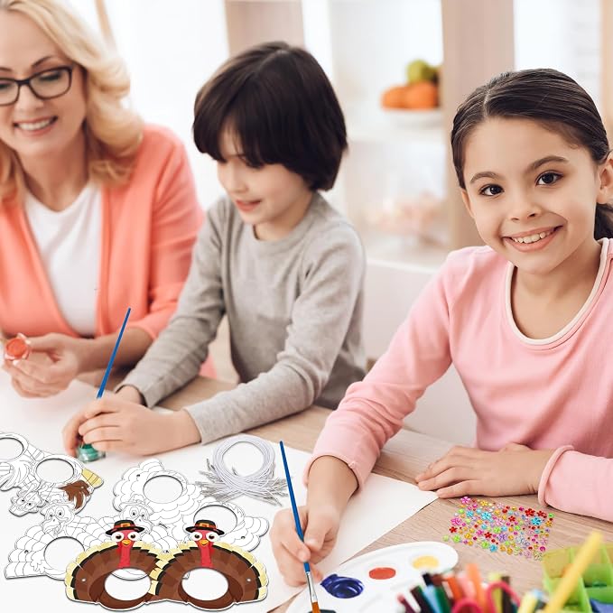24 Pcs Thanksgiving Turkey Craft for Kids DIY Coloring Turkey Mask | Color Your Own Art and Crafts for Kids Birthday Cosplay Classroom Activities Masquerade Dress-Up Party Favors Game Supply