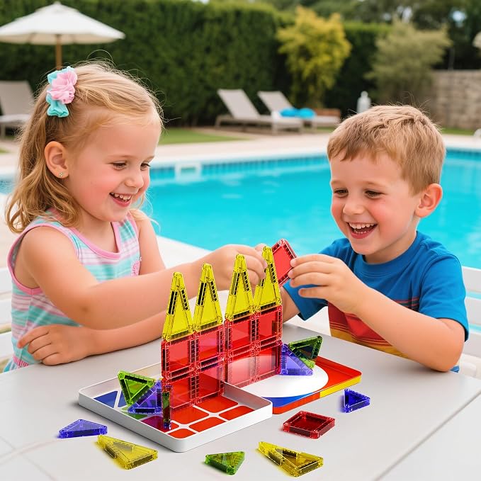 WMXDU Mini Magnetic Tiles with Iron Case, Kid's Travel Essential | Portable Creativity On-The-Go Magnet Blocks STEM Travel Toys for Toddler Boys Girls Ages 3+, 26-Piece