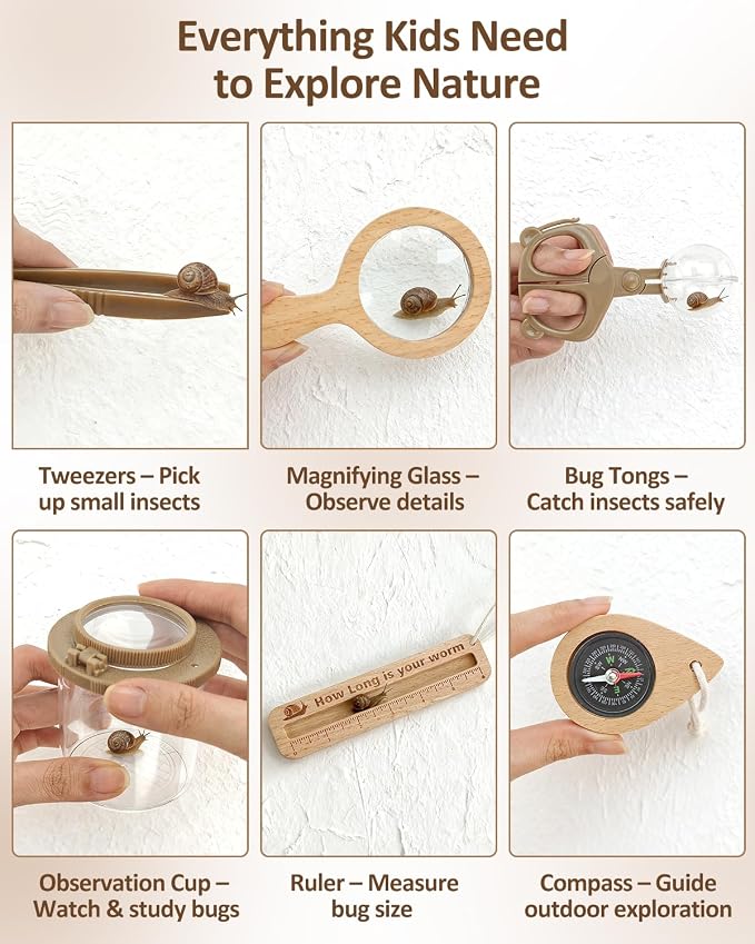 Wooden Bug Catcher Kit for Kids Ages 3-8, Outdoor Explorer Set | Bug Habitat • Magnifying Glass • Butterfly Net • Catch & Release • Nature Discovery