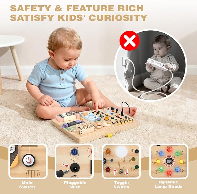 Joyreal Wooden Busy Board Montessori Toys for Toddlers, Sensory Activity Board with LED Lights, Music Box & Locks, Educational Learning Toy Gifts for Boys and Girls